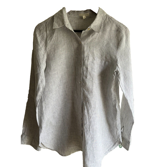 Eileen Fisher Classic Shirt Tunic B/W Striped Linen Nautical Crinkle XS Runs S/M - Picture 1 of 6